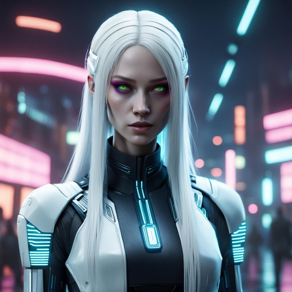 Alien Girl with White Hair in Cyberpunk Style