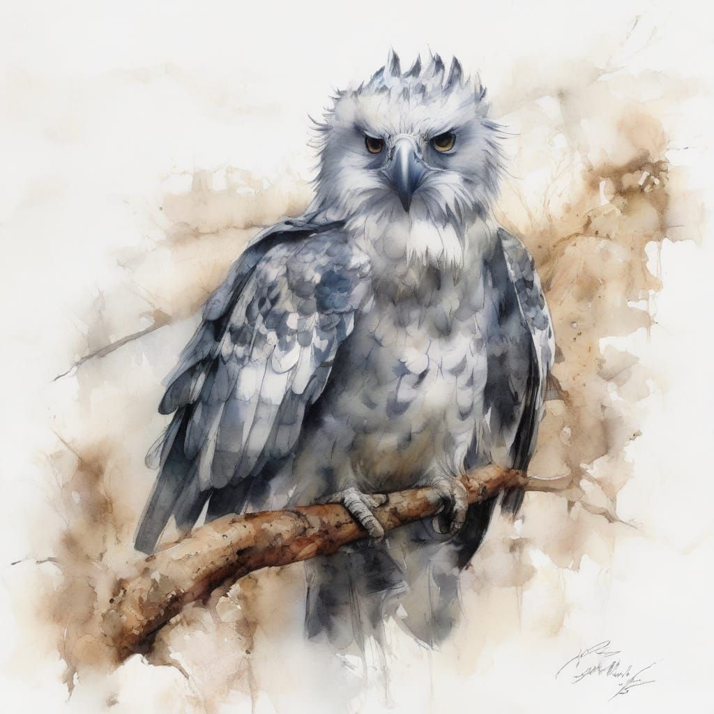 Ethereal Harpy Eagle Perched in Serene Watercolour Style