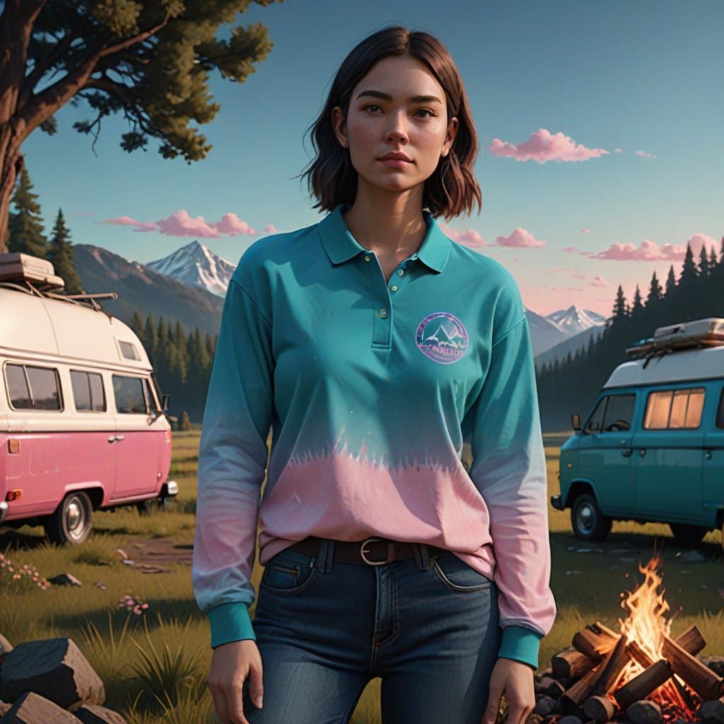 Vibrant Tie-Dye Polo with Whimsical Campsite Graphic