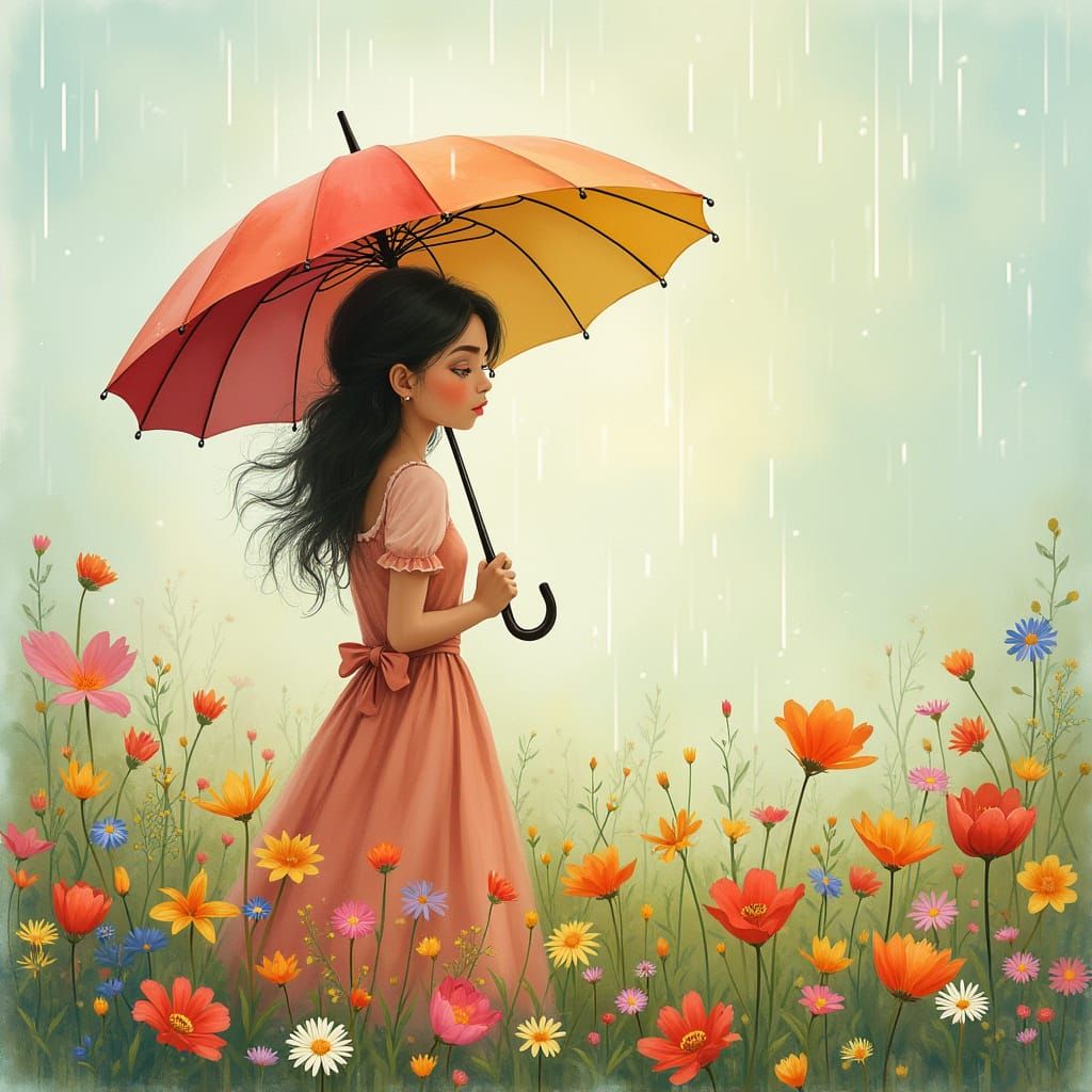 Woman with Umbrella in Wildflower Field, Dreamy Digital Art