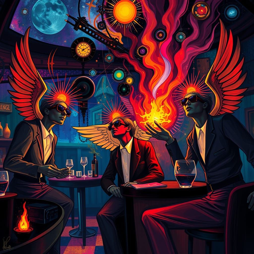Celestial Fire Hipsters in Speakeasy, Cosmic Art Style