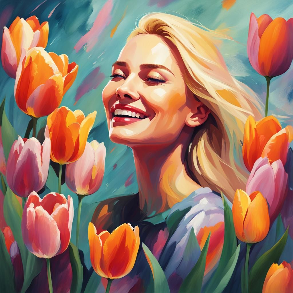 Pastel Spring: Laughing Woman with Tulips in Abstract Art