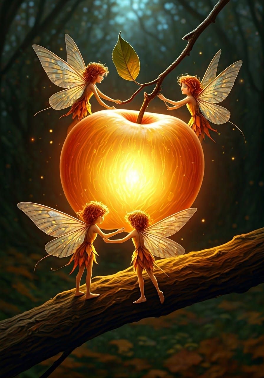 Fairies Harvest Ambrosia Apple: Folkloric Illustration