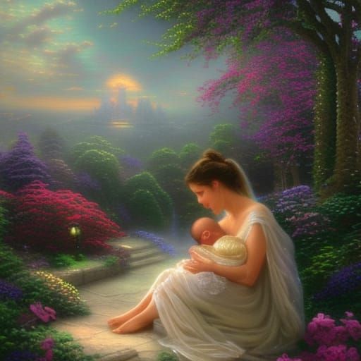 Mother and Newborn Baby in Ethereal Fantasy Style
