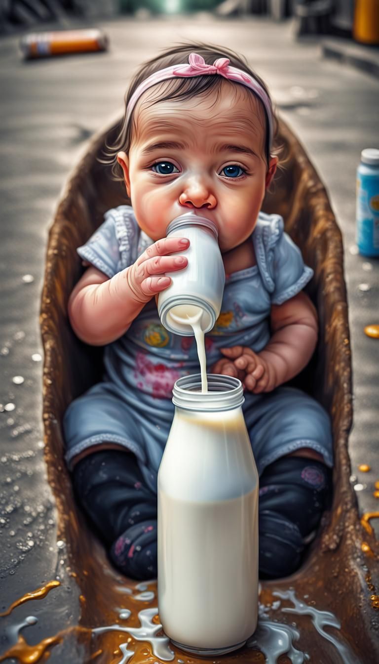 Newborn Baby Girl Drinking Milk: Graffiti Art Style