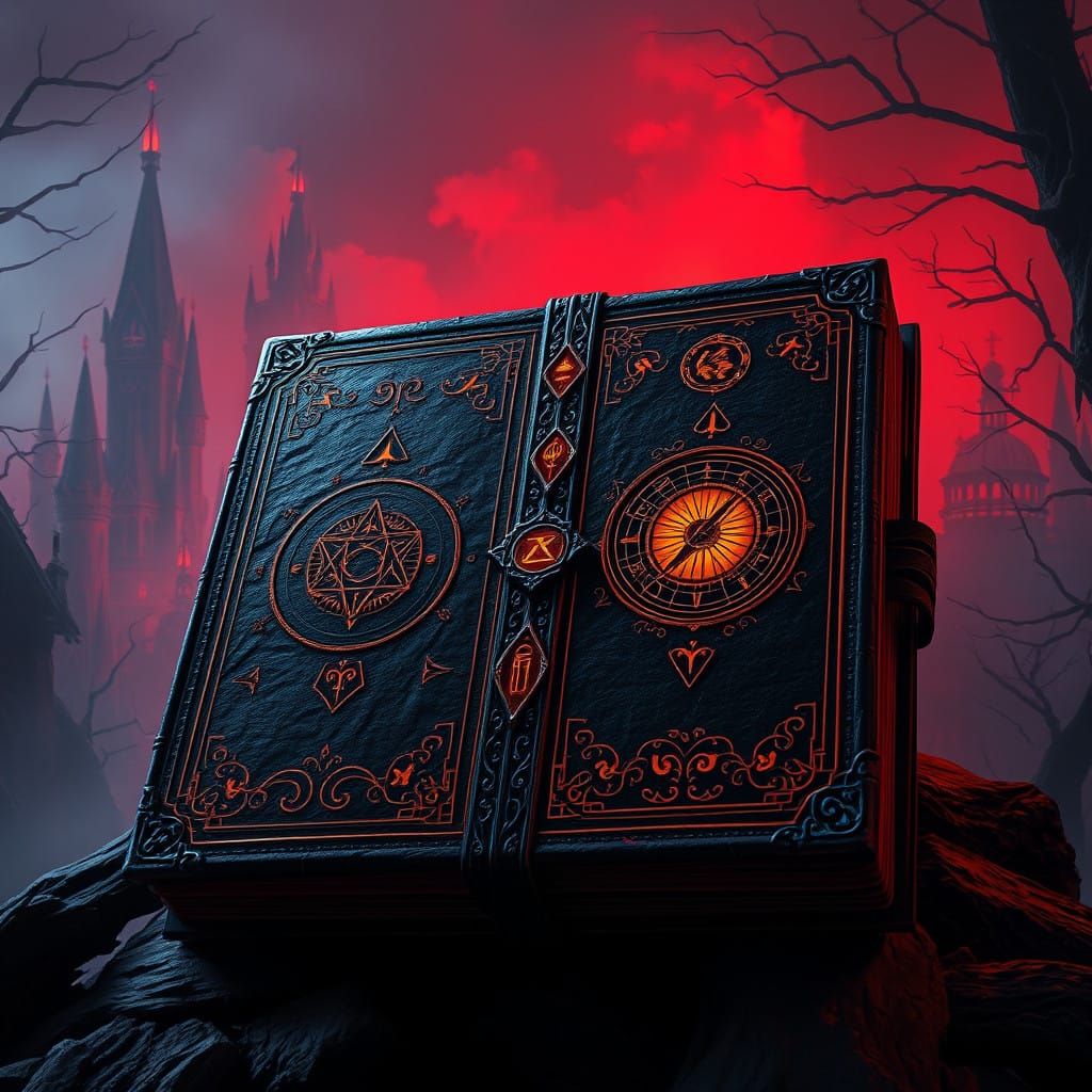 Gothic Arcane Tome Amidst Haunting Landscape