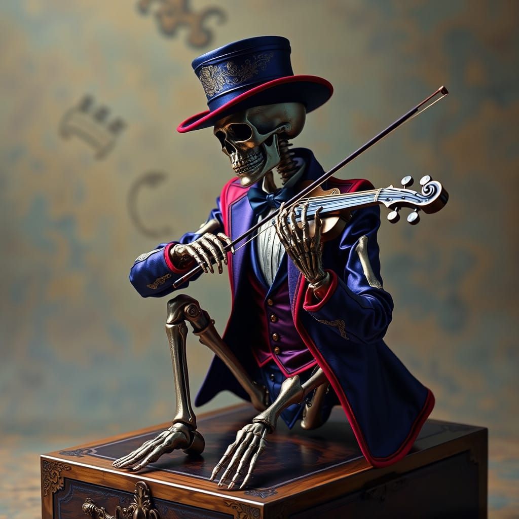 Skeletal Figure Plays Violin in Haunting Dreamlike Scene