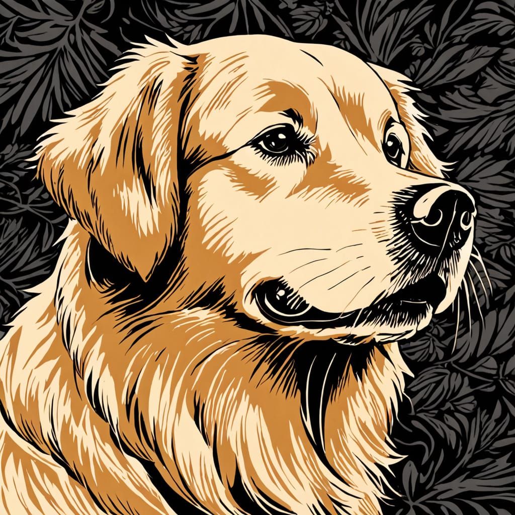Golden Retriever Portrait in Woodcut Anime Style