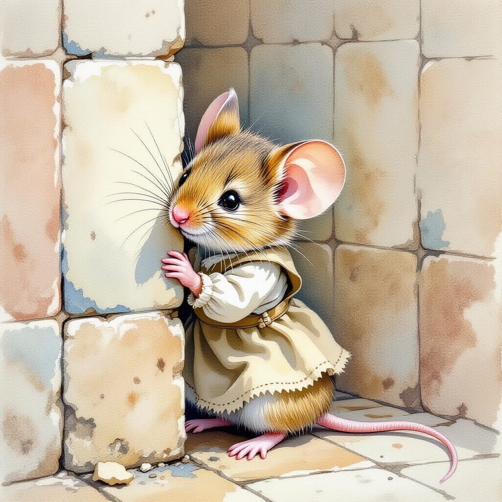 Shy Mouse Hiding: Watercolor Painting
