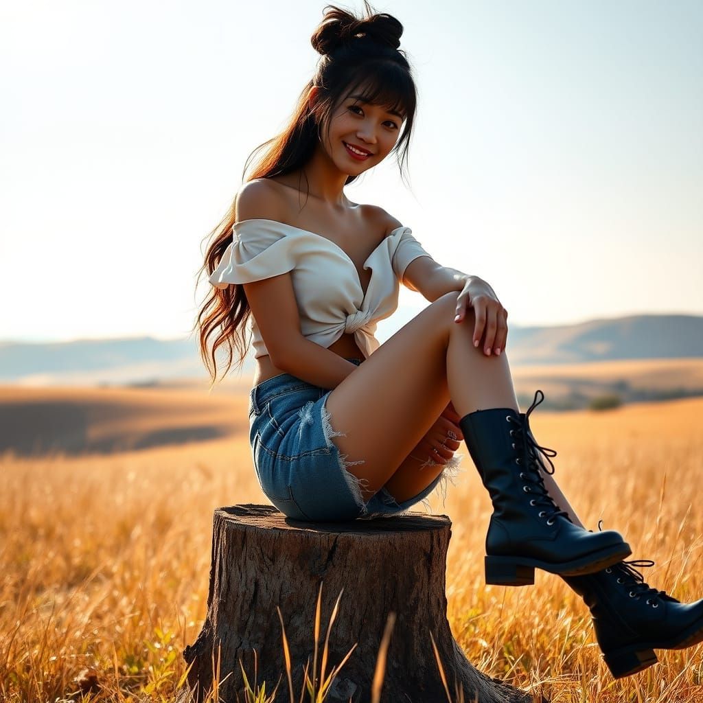 Taiwanese Woman in Field with Distressed Denim
