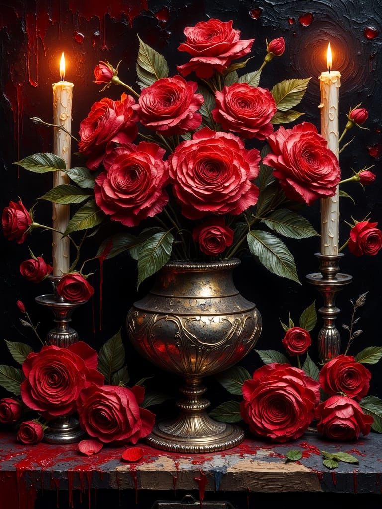 Gothic Still Life Oil Painting with Roses and Candles