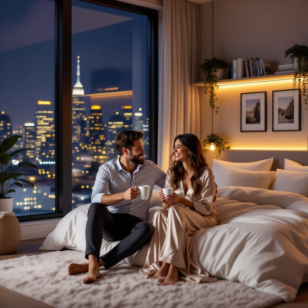 Dreamy Bedroom with City View at Night