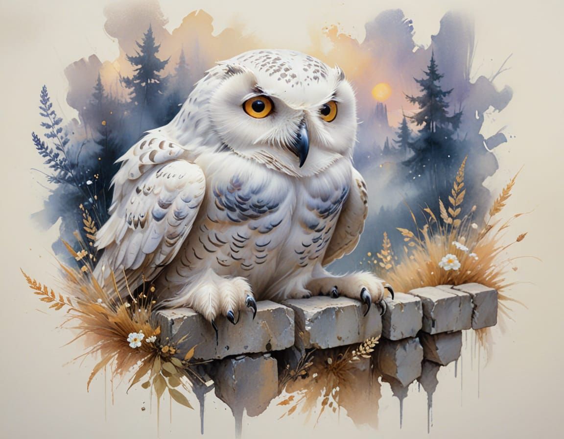 Snowy Owl on Stone Fence in Alcohol Ink Style