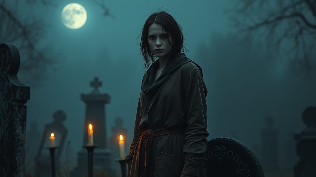 Lonesome Figure in Moonlit Graveyard