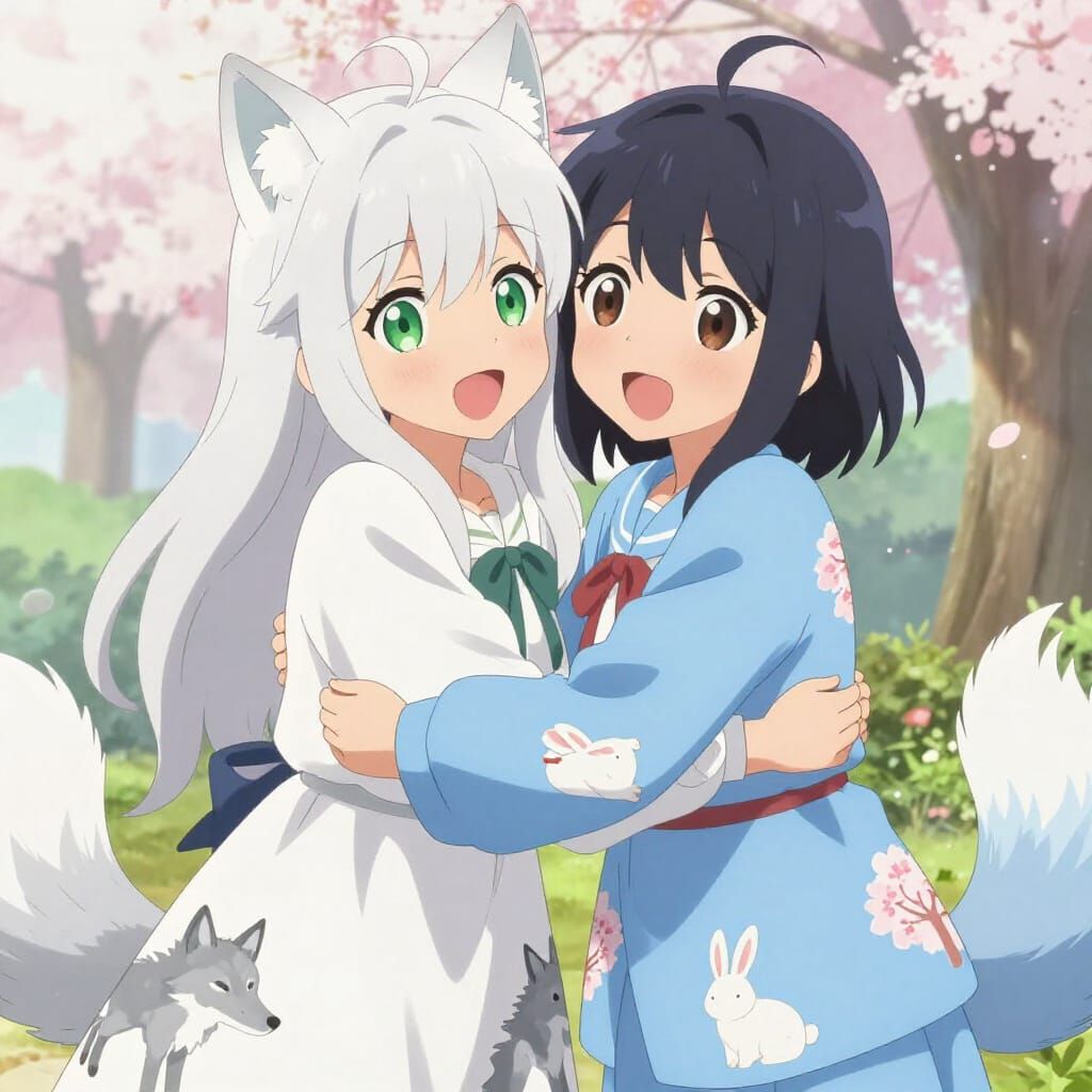 Anime Friends Hugging: Wolf Girl and Companion