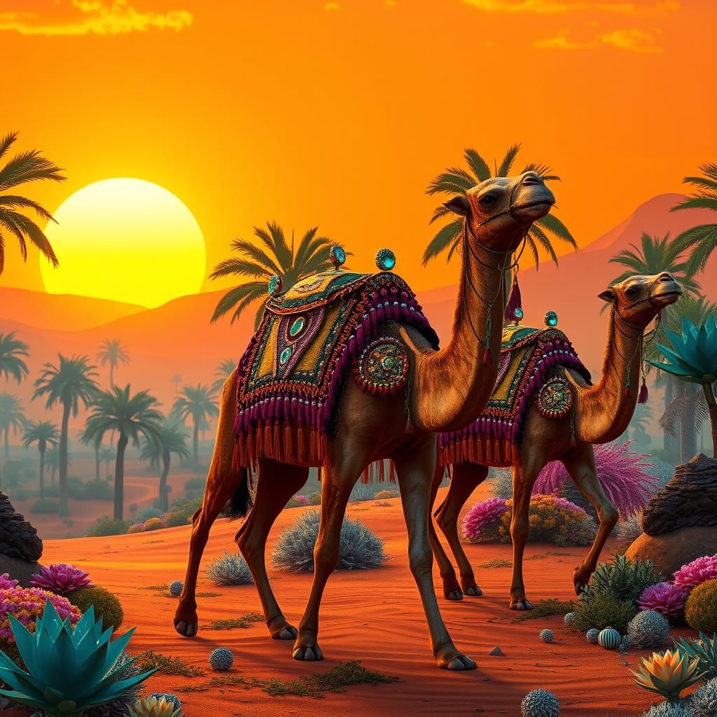 Regal Camels in Lush Oasis Desert Landscape