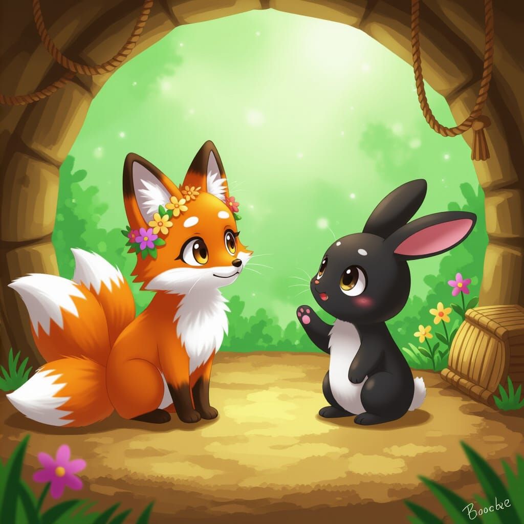 Anime Fox Meets Curious Black Bunny in Den