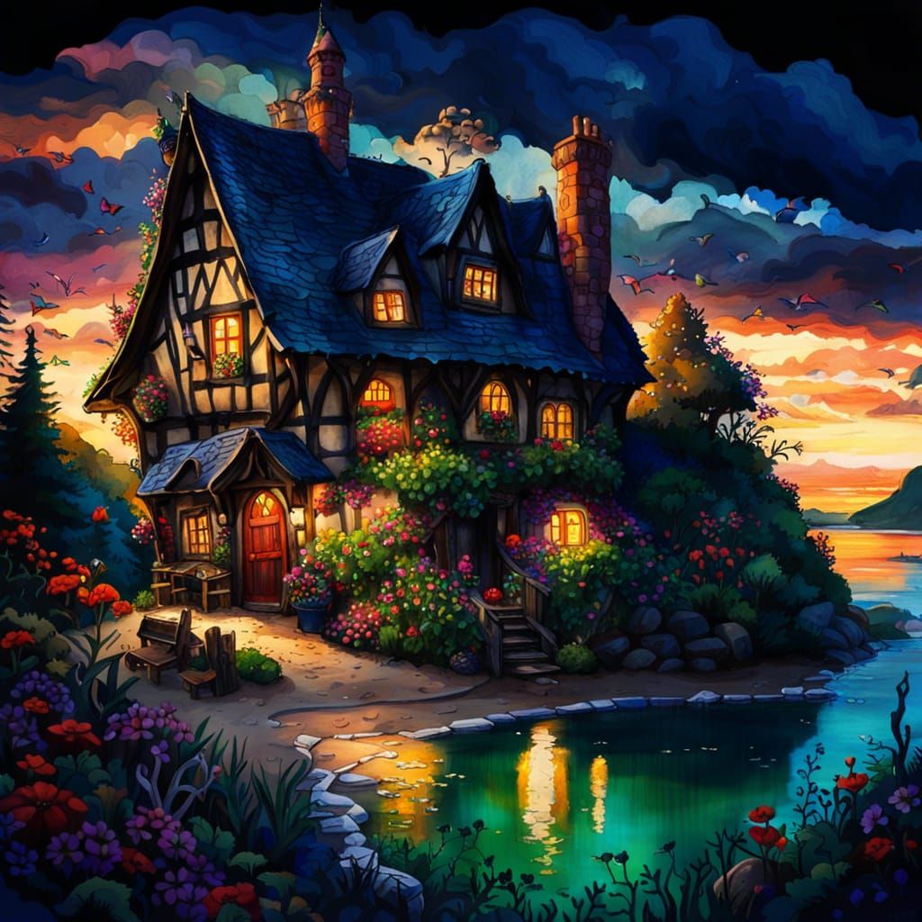 Gothic Cottagecore Inn by the Sea: Watercolor Painting