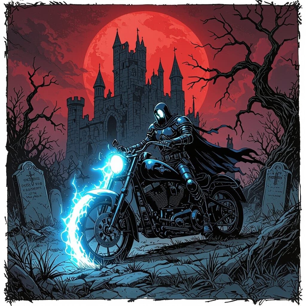 Spectral Knight Guards Castle Under Red Moon