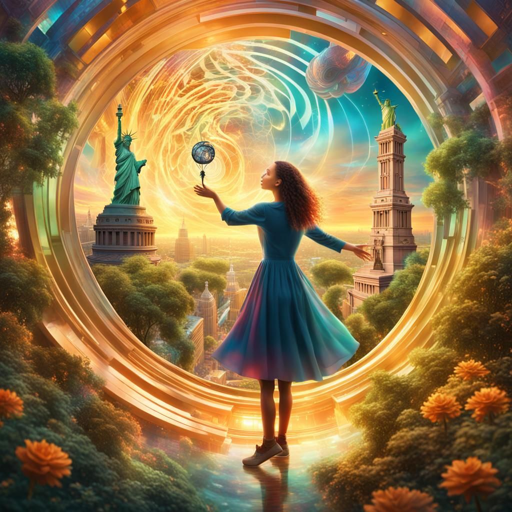 Dreamlike Cityscape: Woman Reaching for Liberty