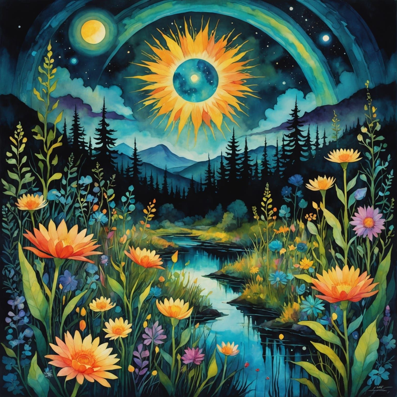 Fantasy Realm Double Exposure with Bioluminescent Flowers