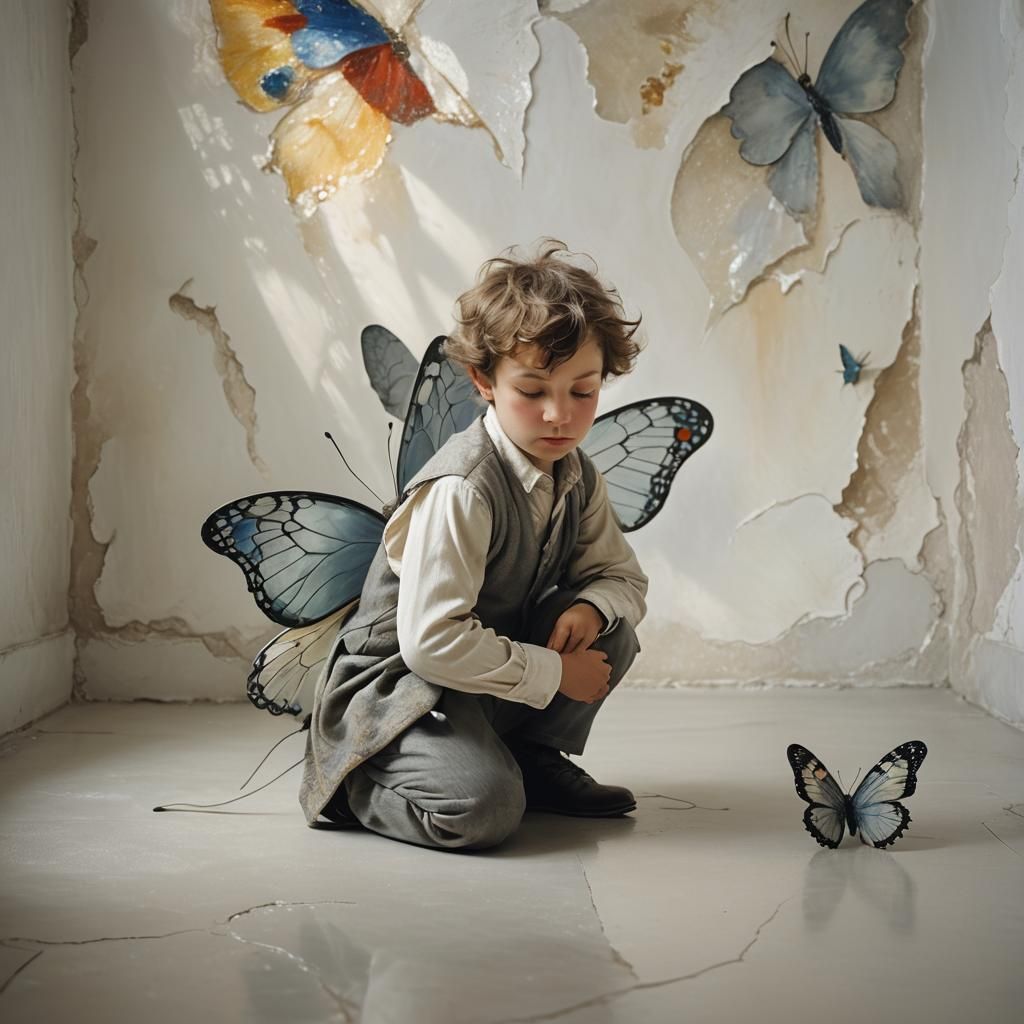 Boy with Butterfly Wing in Dreamlike Surrealism