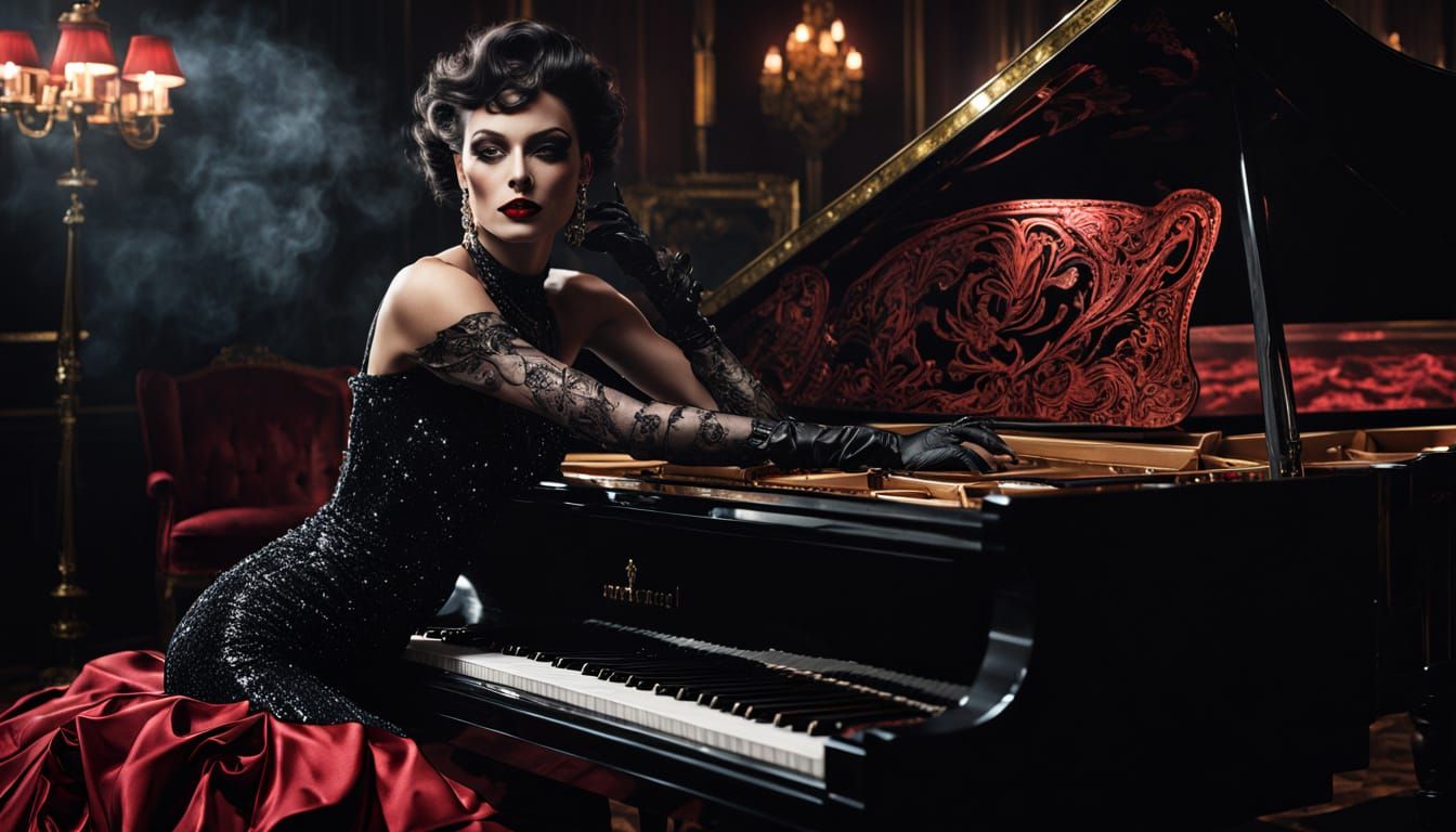 Dark Cabaret Showgirl in Photorealistic Comic Art