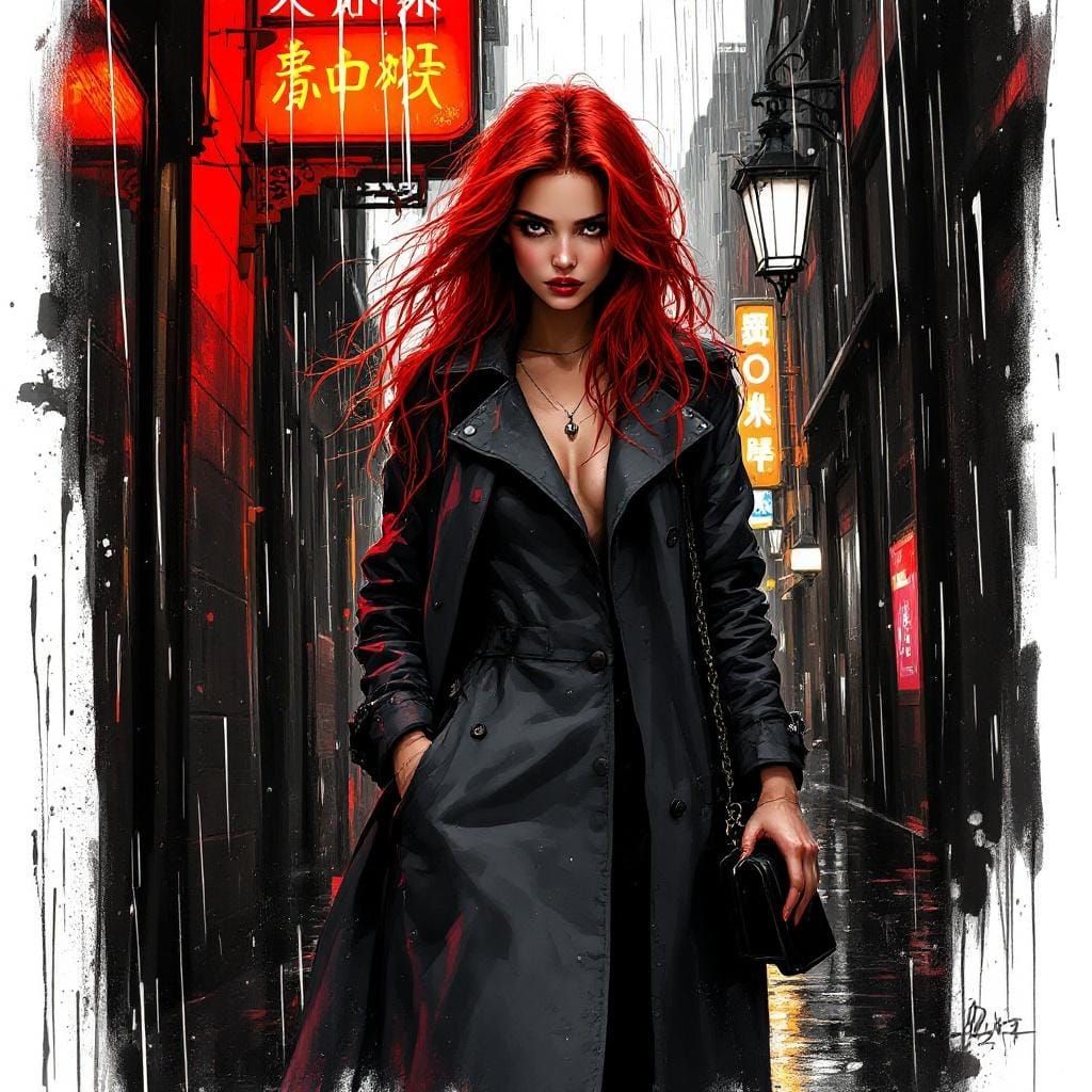 Rainy Alleyway: Red-Haired Girl in Impressionistic Style