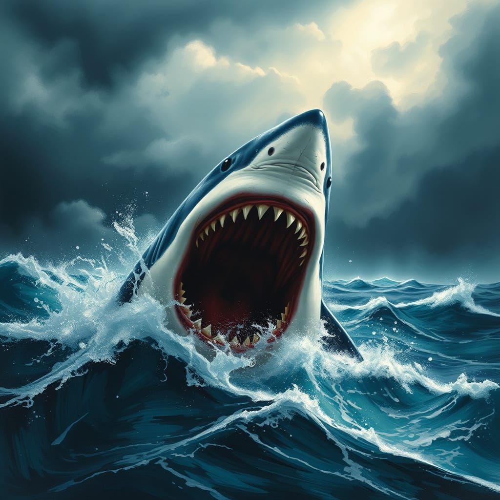 Great White Shark in Dark, Stormy Ocean Landscape