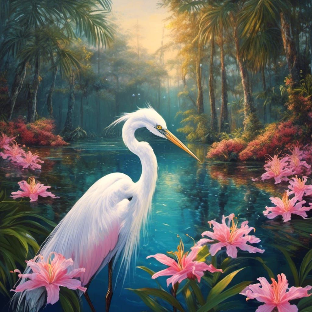 Egret in Natural Blue Spring with Azaleas