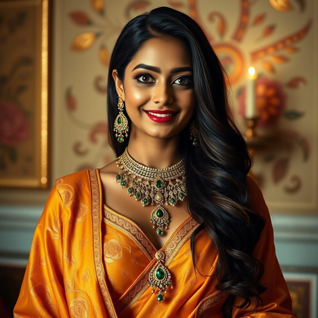 Elegant Woman in Golden Temple Bridal Attire