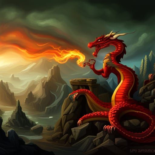 Fiery Dragon Amidst Mountains: Fantasy Concept Art
