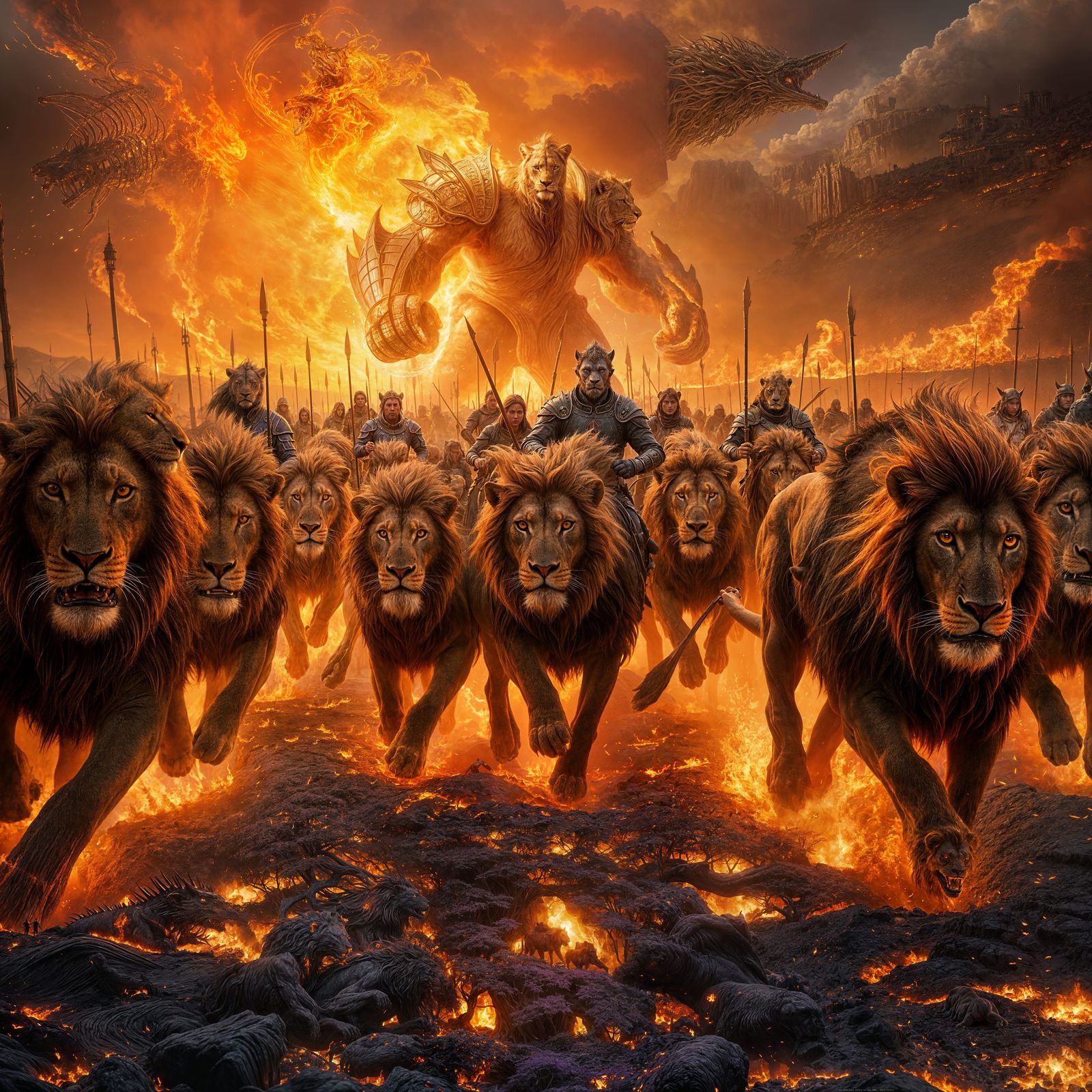 Lions and Humans vs Fire Giant, Dark Fantasy Art