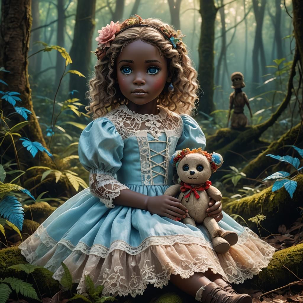 Girl with Voodoo Doll in Impressionistic Forest