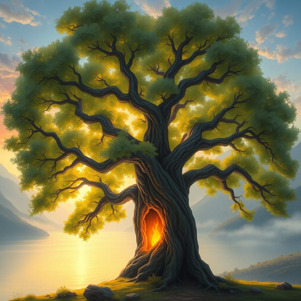 Fiery Tree Amidst Lush Landscape in Realist-Impressionist St...