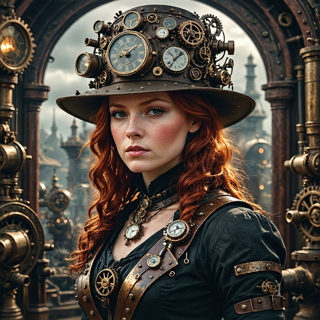 Steampunk Woman with Intricate Metal and Glass Hat