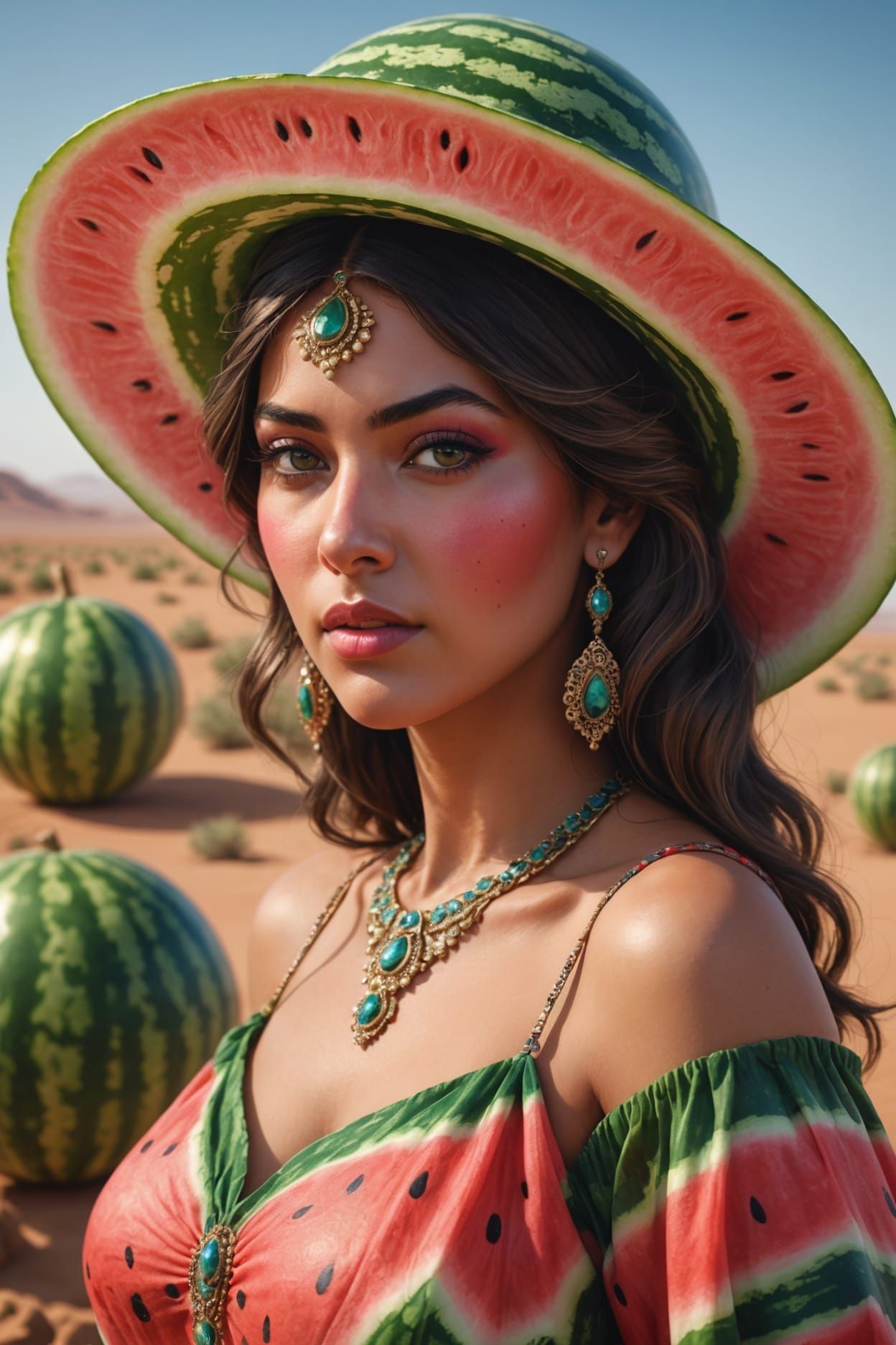 Palestinian Woman in Watermelon Dress: Hyperdetailed Portrai...