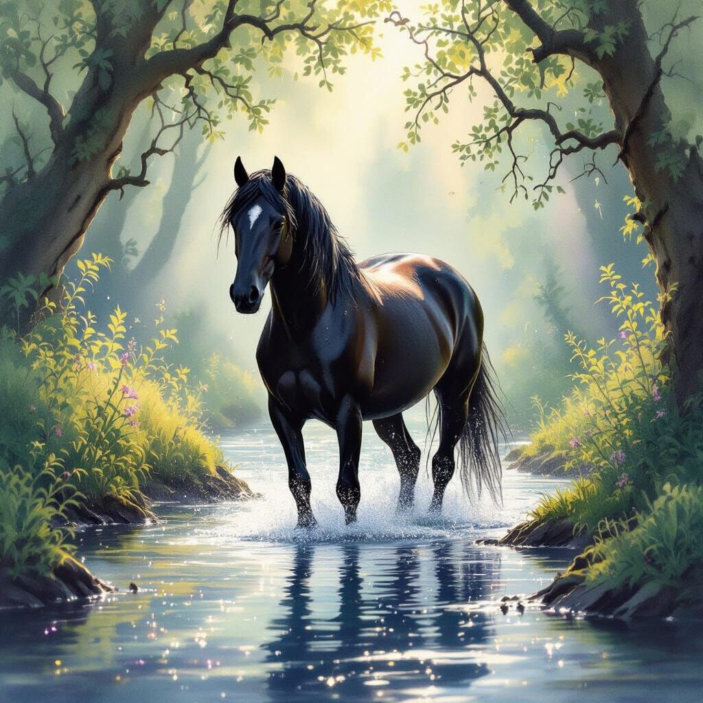 Majestic Black Horse Emerges From Enchanted Forest Stream