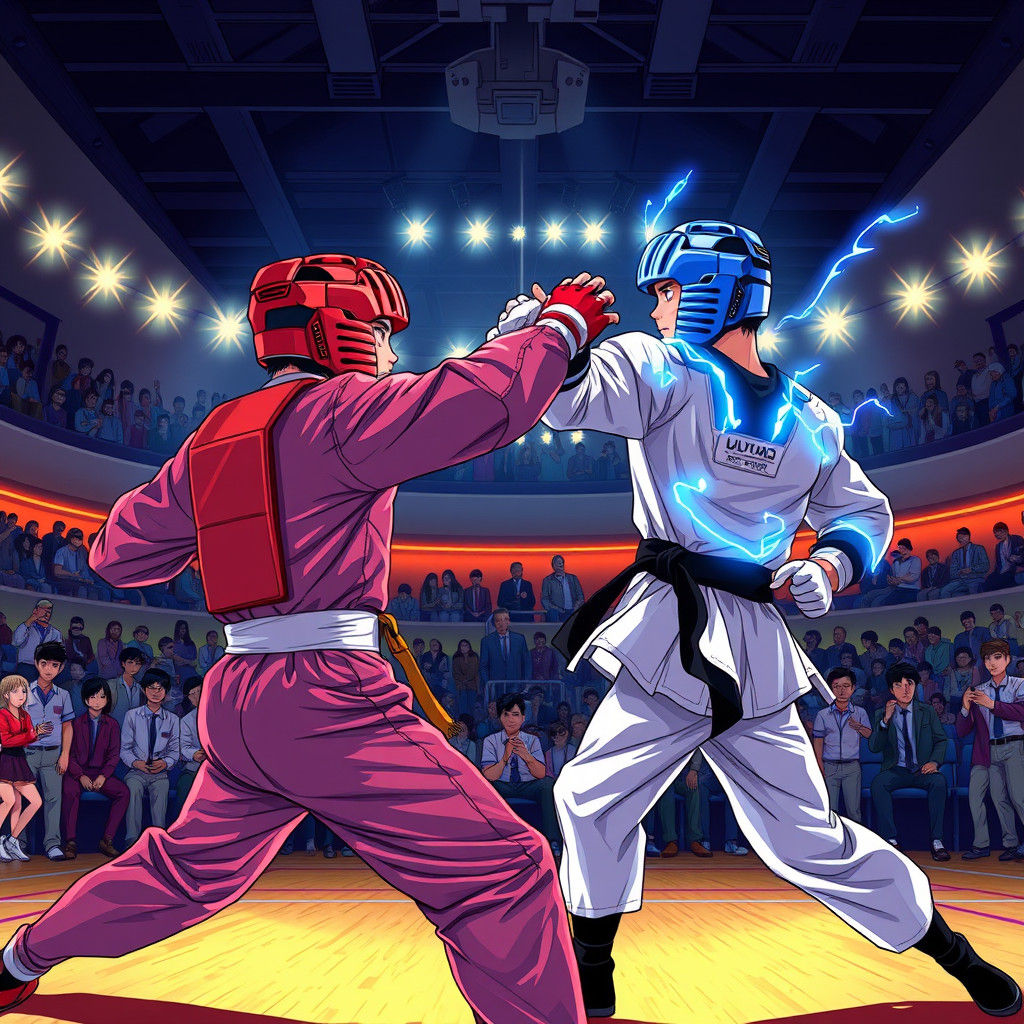 Intense Taekwondo Match in Anime Style