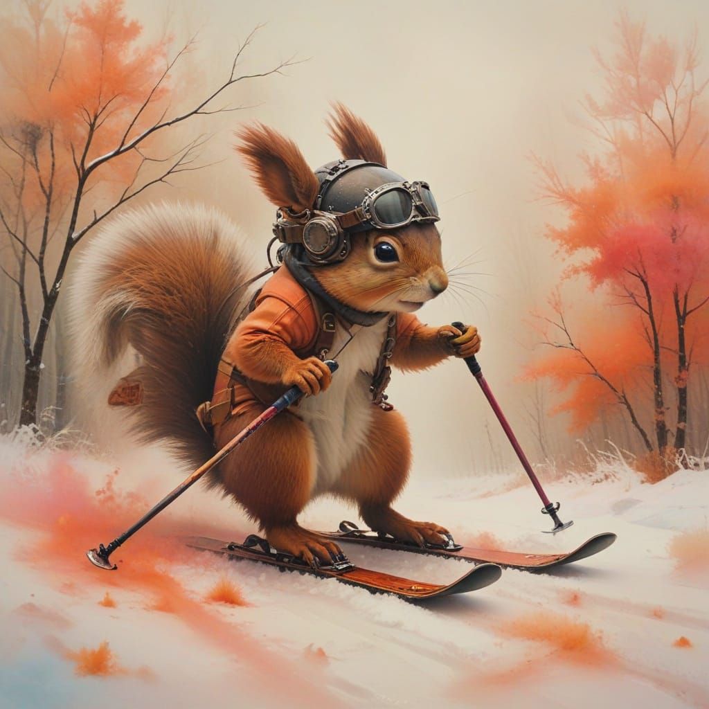 Steampunk Squirrel Cross Country Skier in Vibrant Hues