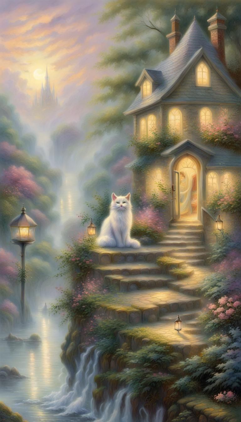 Ethereal Magic Cat in a Thomas Kinkade Style