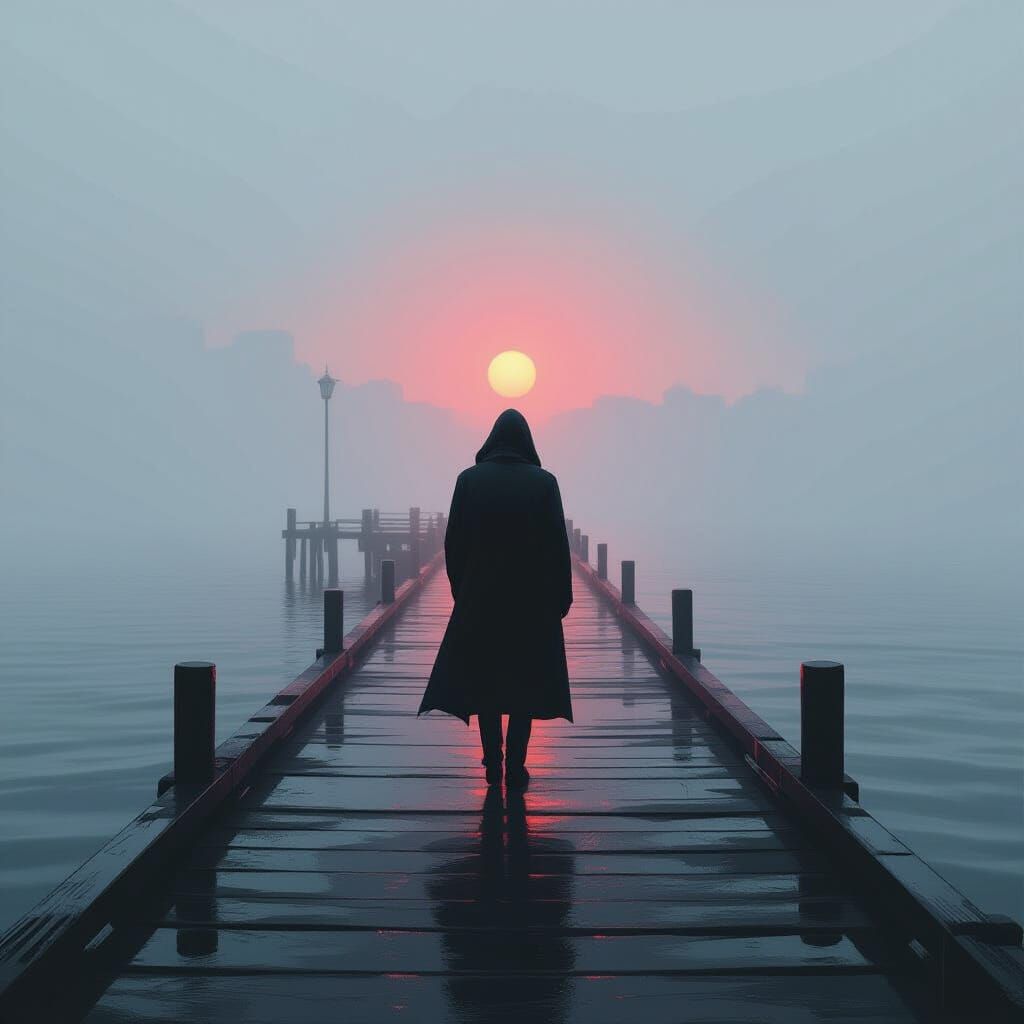 Lone Figure at Pier in Atmospheric Digital Art Style