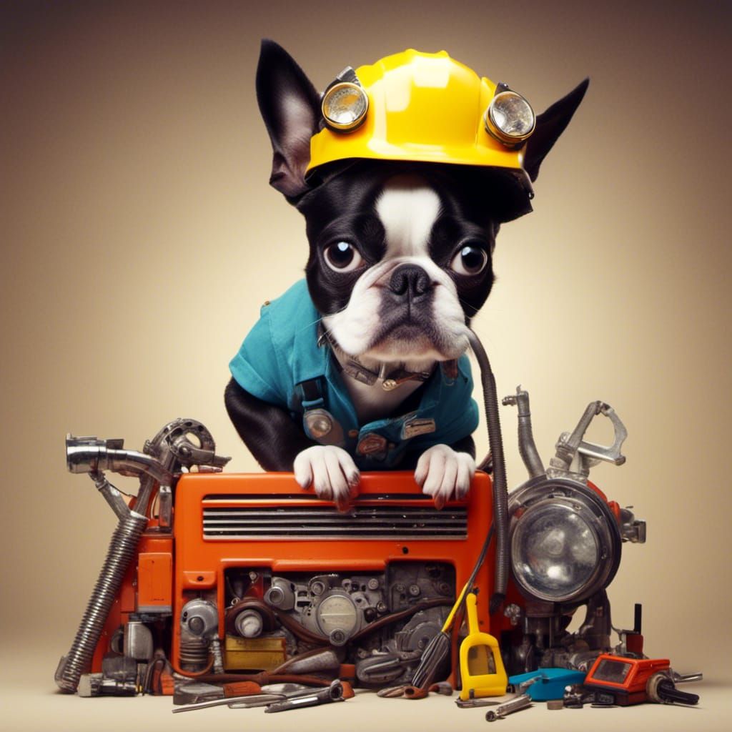 Big-Eyed Boston Terrier Mechanic in Vivid Colors