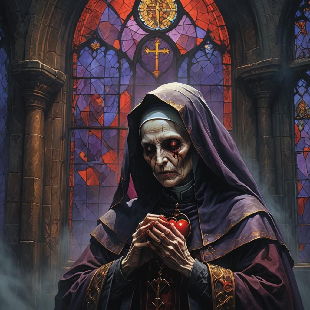 Surreal Nun Consuming Heart in Gothic Church