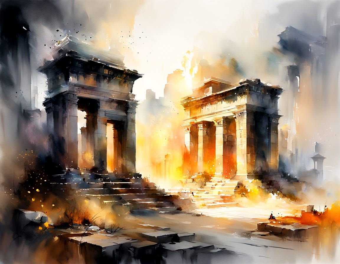 Ultrasonic Boom in Ancient Ruins: Watercolour Art