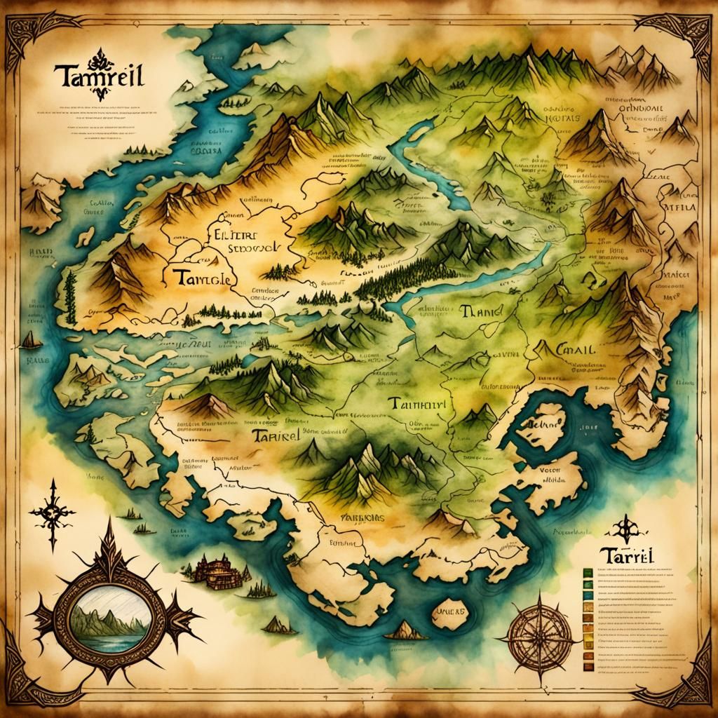 Detailed Map of Tamriel with Watercolor and Ink