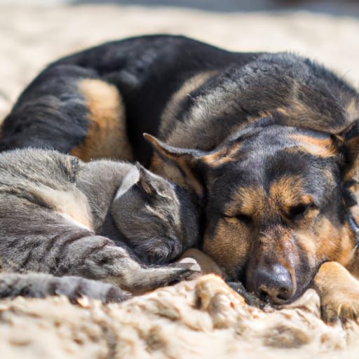 Cat and Dog Sleeping on Sunny Beach