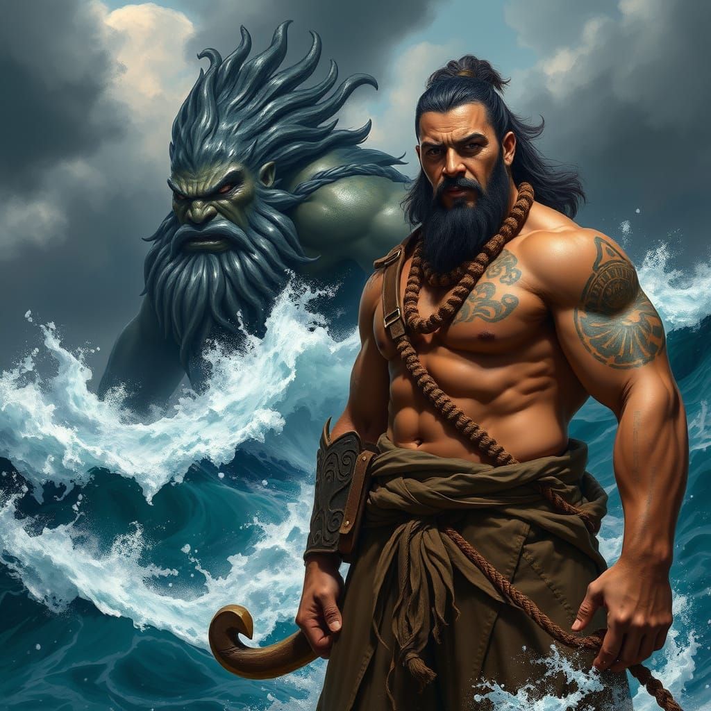Maori Demigod Maui Stands Strong Against Turbulent Sea