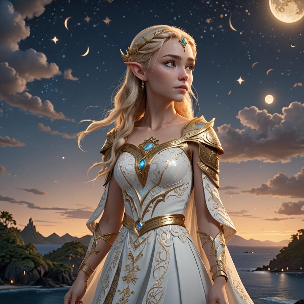 Elven Princess Gazing at Island: 3D Digital Art