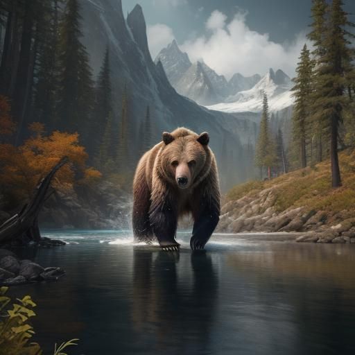Grizzly Bear Fishing: Detailed Matte Painting